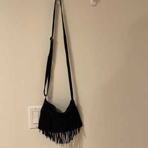 Adjustable strap crossbody suede like material fringe bag